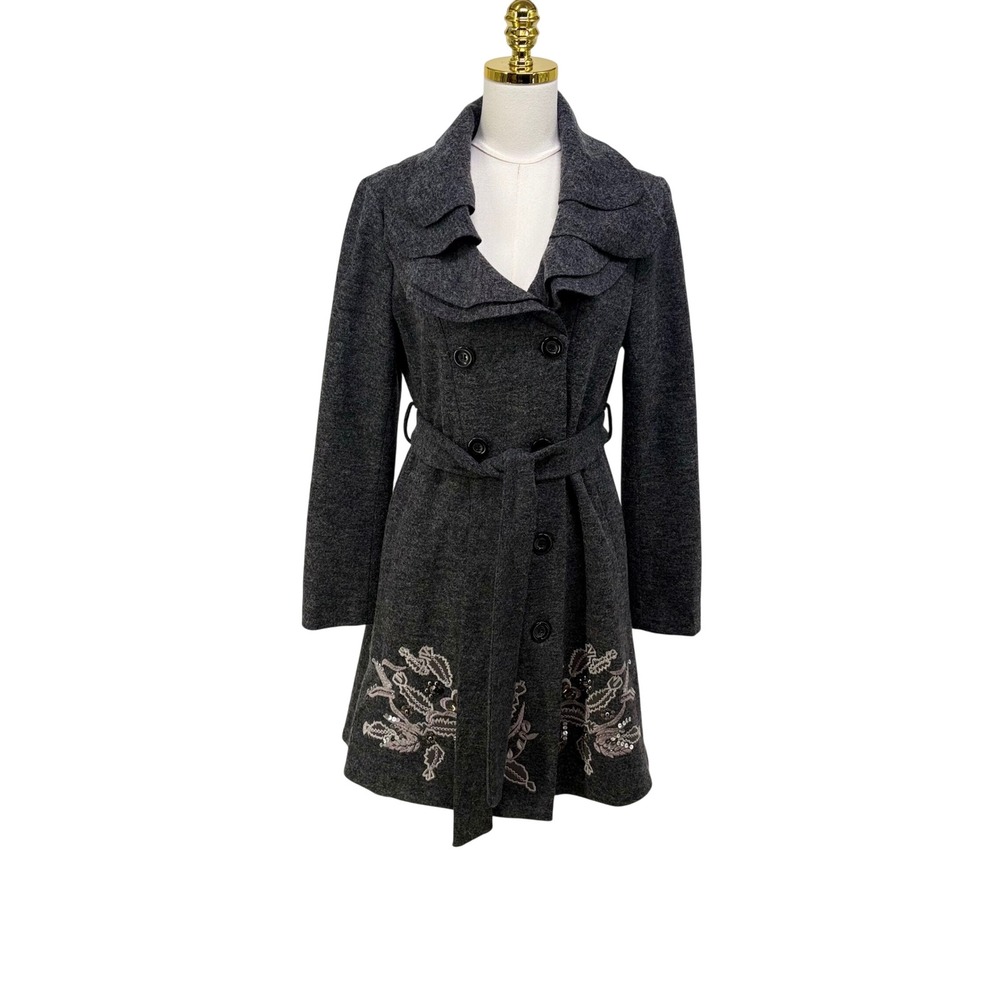 Lulumari‎ Womens Whimsigoth Wool Blend Ruffle Collar Embroidered Coat L Academia